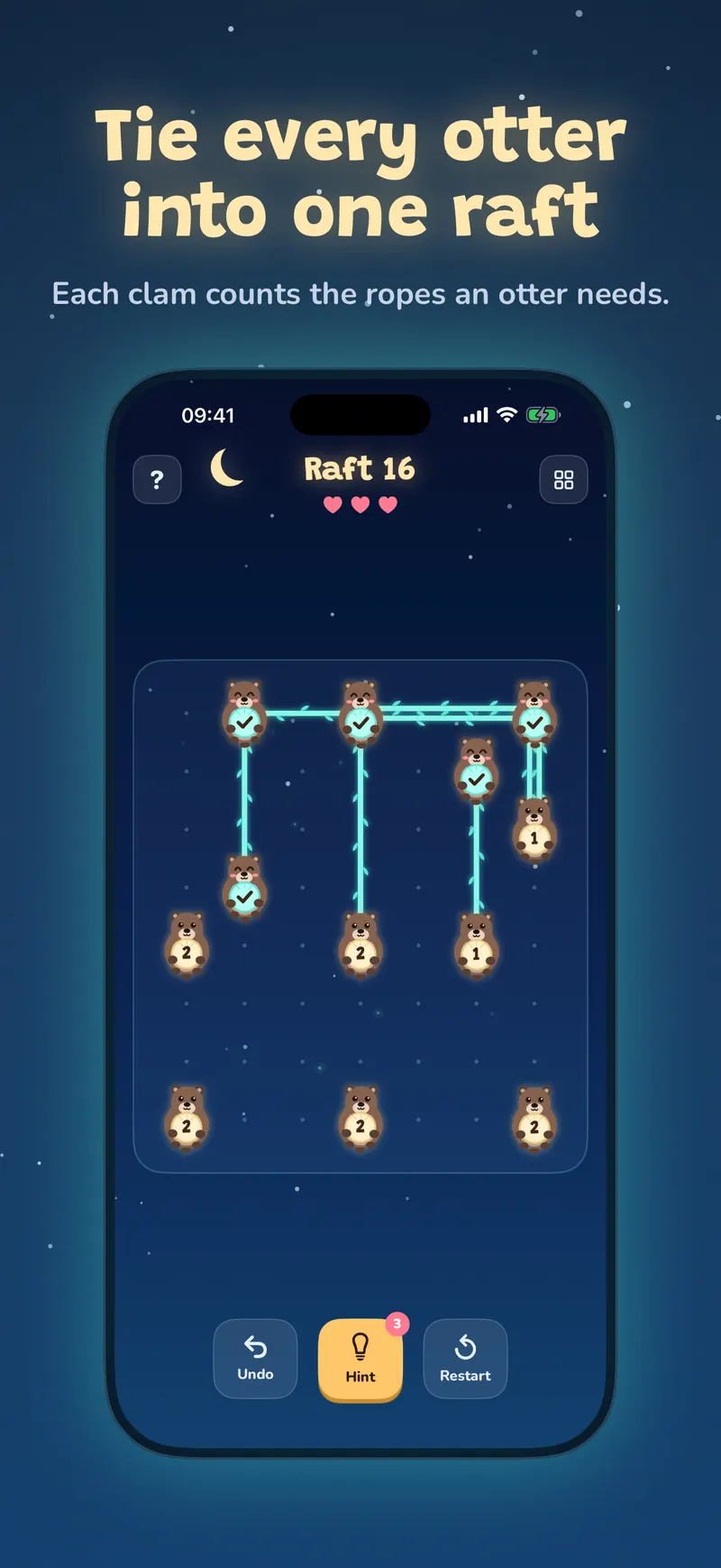 Raft 16 half tied: otters joined by glowing kelp ropes, under the headline “Tie every otter into one raft”.