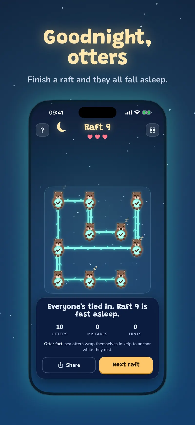 Raft 9 finished: the otters asleep and the results card, under the headline “Goodnight, otters”.