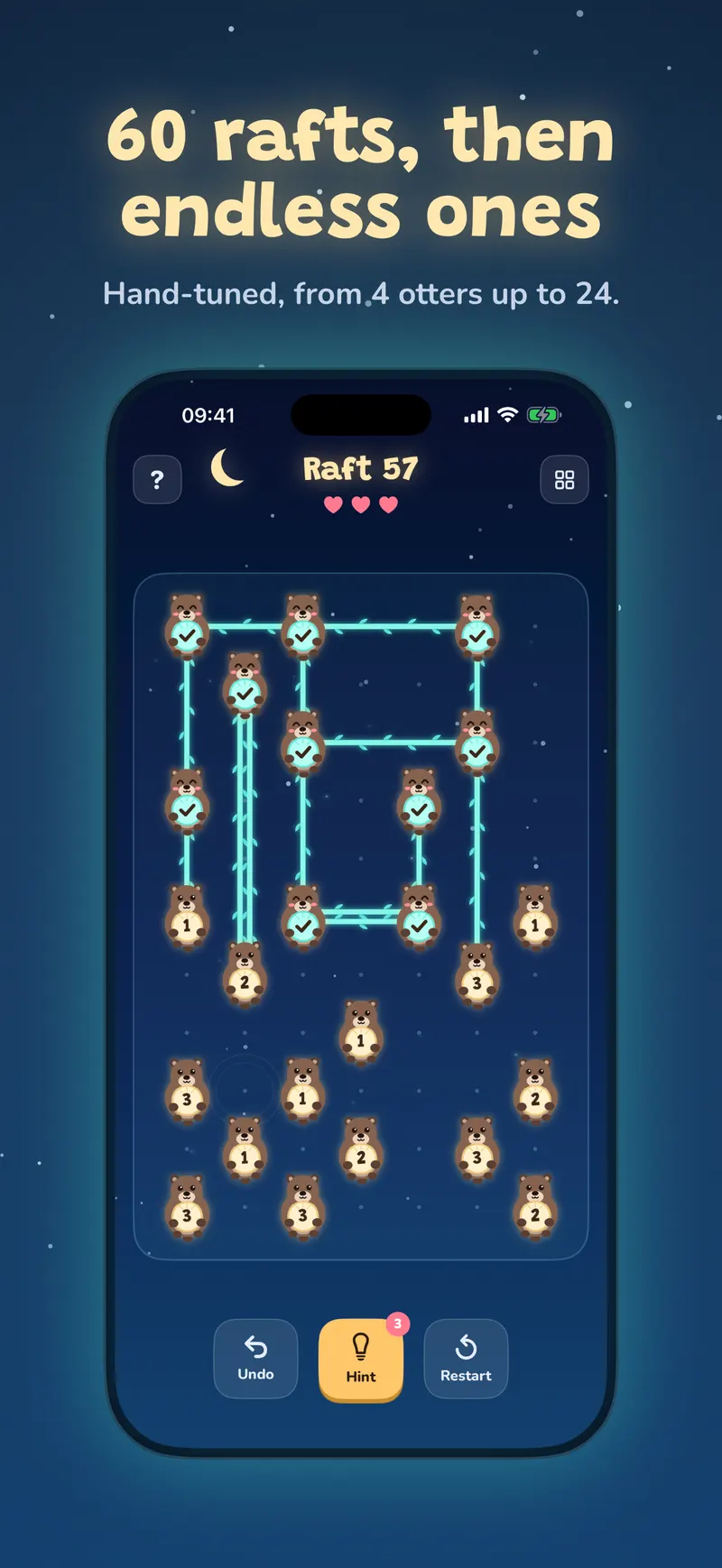 Raft 57, a large raft of 24 otters, half tied, under the headline “60 rafts, then endless ones”.