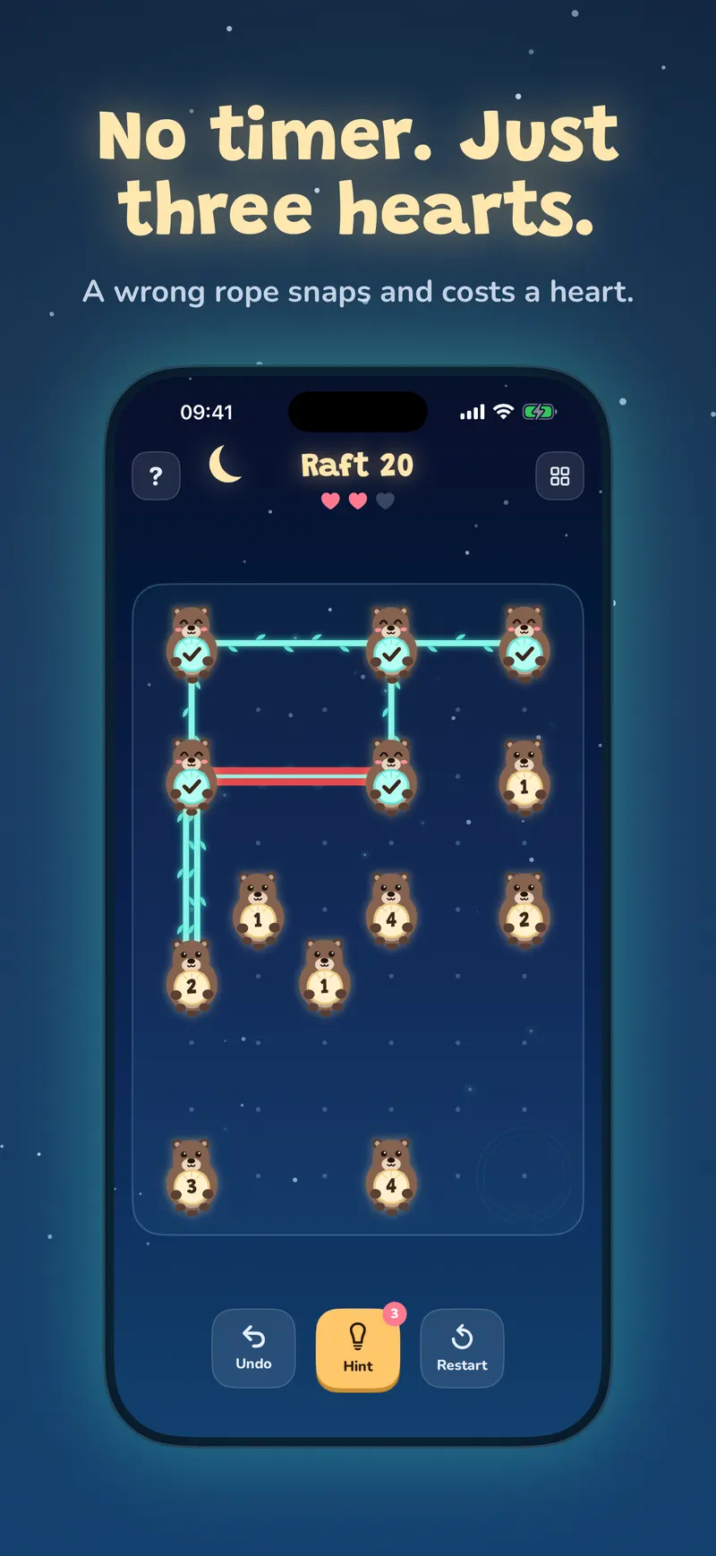 A wrong rope snapping with two hearts left, under the headline “No timer. Just three hearts.”